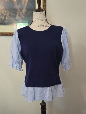 Draper James Navy Knit Top with Light Blue Striped Sleeves